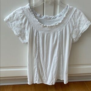 Self E  White Women's Short Sleeve Blouse With Scalloped Eyelet Trim
